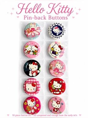Hello Kitty Pin-Back Button 10 piece Set- VINTAGE unopened pins from early 00’s